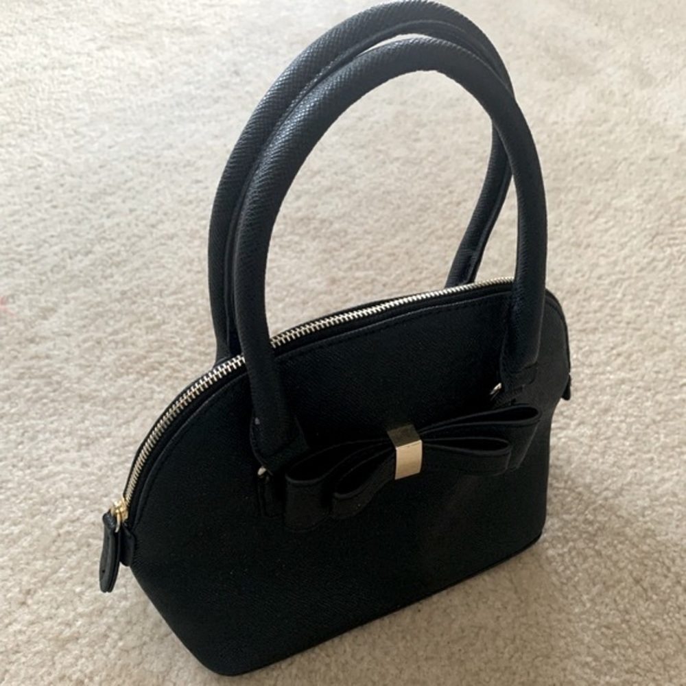 Small Black Faux Leather Mini Sachel With Bow Accent Excellent Used Condition